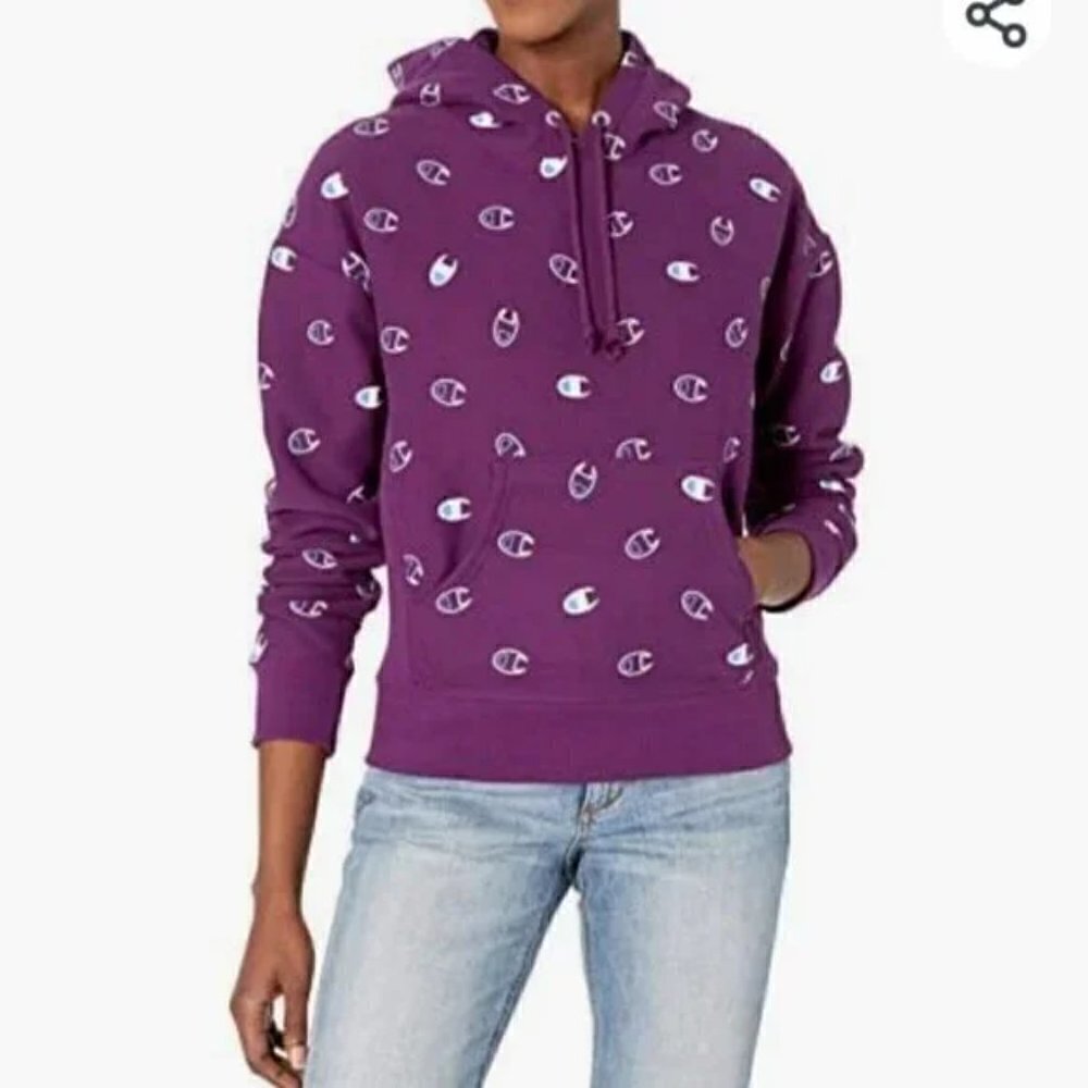Champion Size M Reverse Weave All Over Logo Print Hoodie - Picture 3 of 13